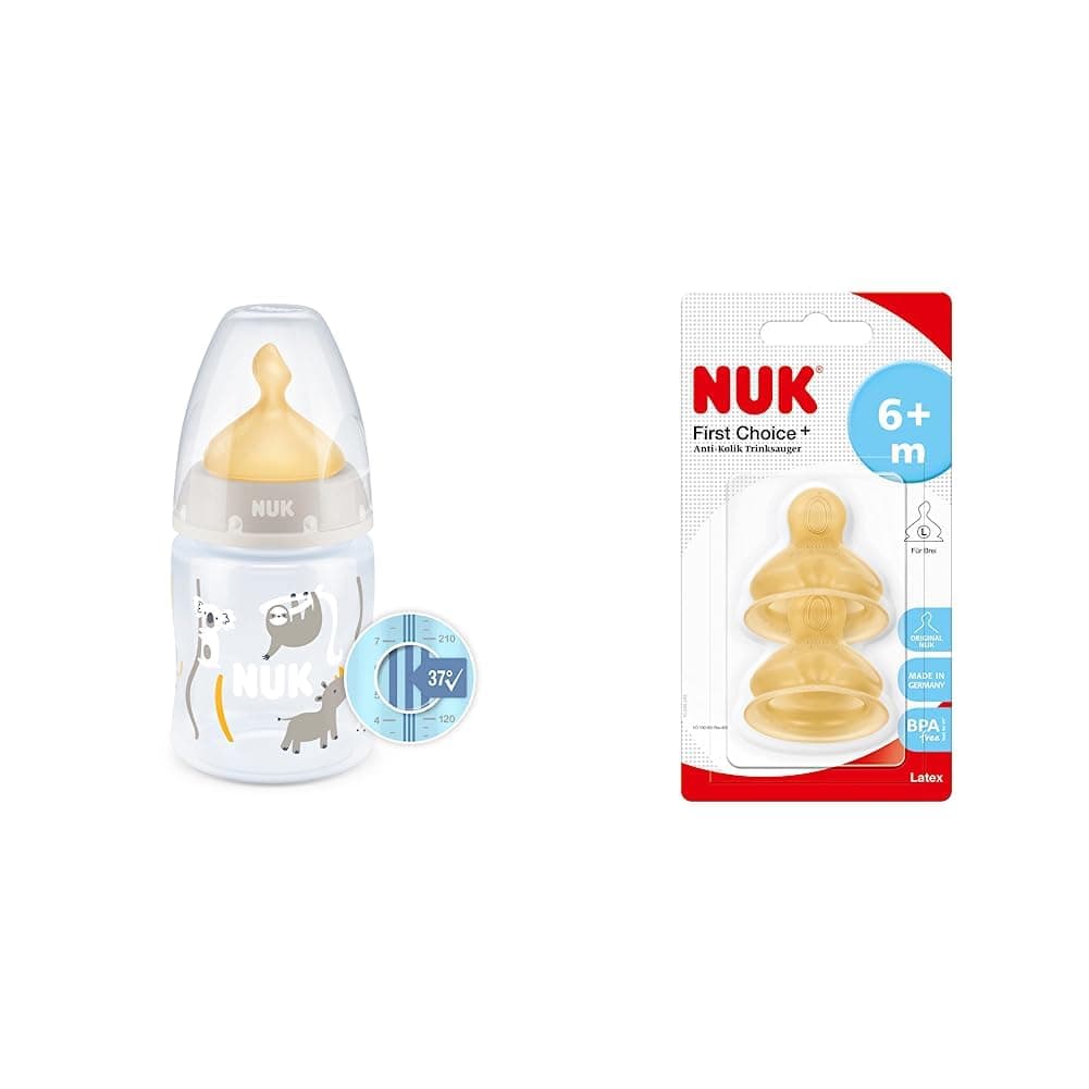 NUK First Choice+ Baby Bottle, 0-6 Months, Temperature Control, (Beige), 1 Count (Pack of 1), 150 ml & First Choice+ Baby Bottle Teat, 6-18 Months, Latex with Large Feed Hole, Anti-Colic, 2 Count