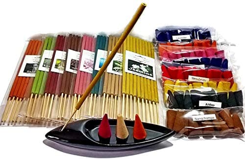 Fulllight Feel Refreshed by The Scent of Aromatherapy, Set, 8 Packs of 10 smokeless Fragrance Incense Tube Stick, 8 Packs of 10 Aroma Fragrance Incense Cones & Handmade Ceramic Incense Burner (FL12)