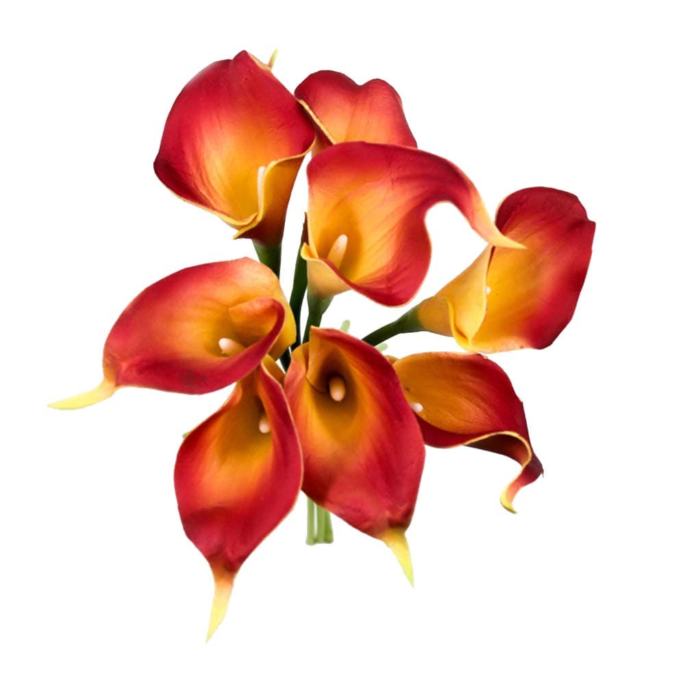 IPOPU Artificial Calla Lily Bridal Wedding Bouquet Real Touch Wedding Flower Home Party Decor Pack of 10 Red in Yellow