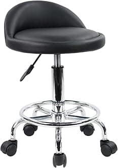 PU Leather Round Rolling Stool with Foot Rest Height Adjustable Swivel Drafting Work SPA Task Chair with Wheels (Black)