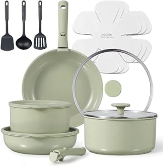 CAROTE 16pcs Sage Green Ceramic Cookware Set, Pots and Pans Set Non Stick, Induction Kitchen Cookware Sets, Detachable Handle, Dishwasher/Oven Safe