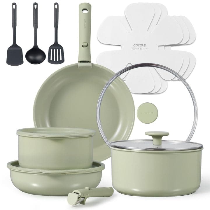 CAROTE 16pcs Sage Green Ceramic Cookware Set, Pots and Pans Set Non Stick, Induction Kitchen Cookware Sets, Detachable Handle, Dishwasher/Oven Safe