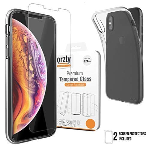 Orzly Screen Protectors iPhone Xs Max (6.5 inch Model) - 2X Tempered Glass Screen Protectors with Transparent FlexiCase Phone Case for iPhone Xs Max
