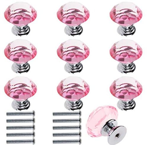 10 x Diamond Crystal Glass Kitchen Bedroom Wardrobe Door Knobs Pull Handle Drawer 30mm (Pink)
