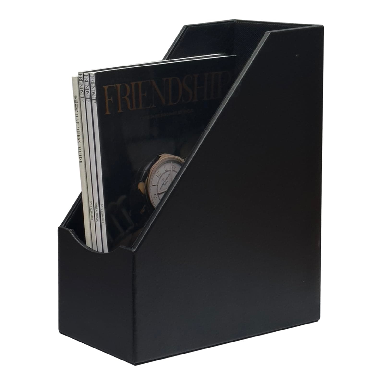 UnionBasic Magazine File Holder, Leatherette Desktop Document Organizer, Home Office Paper Holder File Storage Literature Sorter, Black