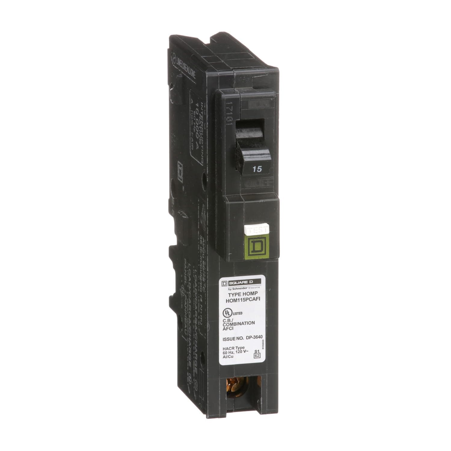 Square D by Schneider Electric Homeline 15 Amp Mini Circuit Breaker, 1 Pole, 120V AC, 10kA Breaking Capacity, Plug in Mount, CAFI/CAFCI, Residential Use (HOM115PCAFIC)