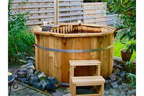 1.9m Spruce Hot Tub with Internal Burner Heater & Seating: Internal Stainless Steel Wood Burner Heater with Chimney; Stainless Steel Tightening Bands; Safety Fence; Benches Inside; Outlet Valve for Water; Stairs; Hose Connection Ready. Item Comes Flat Packed with Full Detailed Instructions for Assembly.