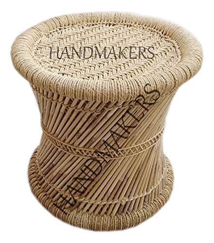Handmakers ! Natural Bamboo (SARKANDA) Mudda Stool with Beige Wevaing (15 X 16)