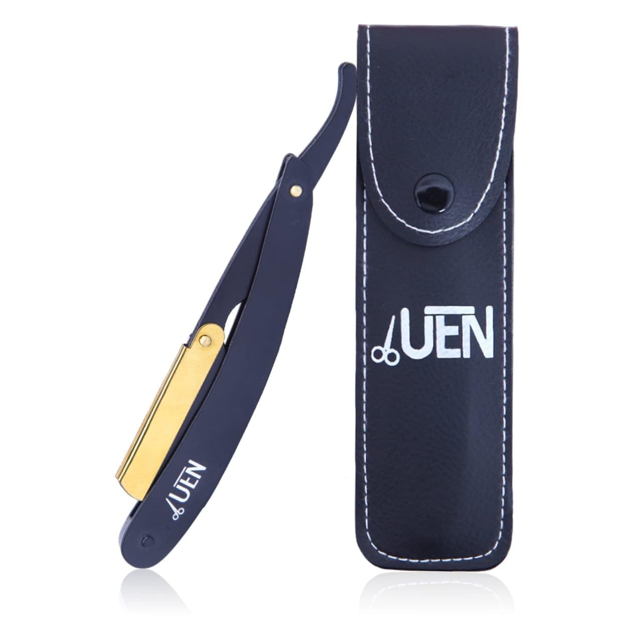 UEN Manual Shaving Razor for Men-Straight Edge Single Blade -Stainless-Men Gift with Leather Travel Purse-Black & Golden