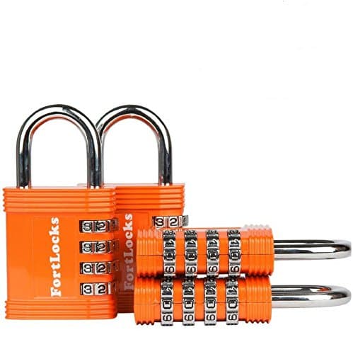 FortLocks Padlock - 4 Digit Combination Lock for Gym Outdoor & School Locker, Fence, Case & Shed – Heavy Duty Resettable Set Your Own Combo – Waterproof & Weatherproof (4 Pack - Orange)