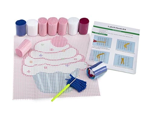 Cupcake DIY Latch Hook Kit – Sew Your Own 12”x12” Fuzzy Rug - Includes Canvas, Tool, Instructions, Acrylic Yarn – Crochet and Needlework Crafts for Kids and Adults – by Zirrly