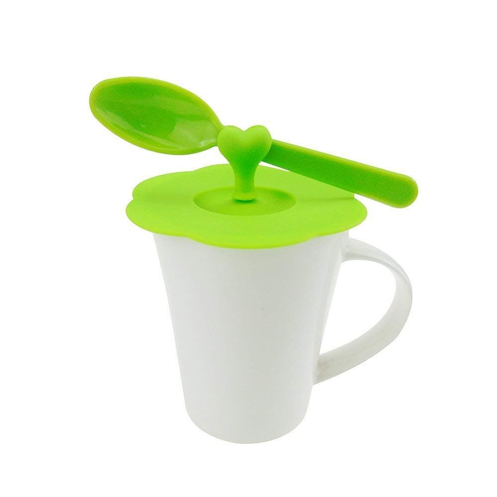 WSS - Silicone Suction Cup and Mug Lids Covers with Heart Shape Spoon Stirrer Holder Set of 5 Yellow/Pink/Blue/Green/Orange 4.1 inch