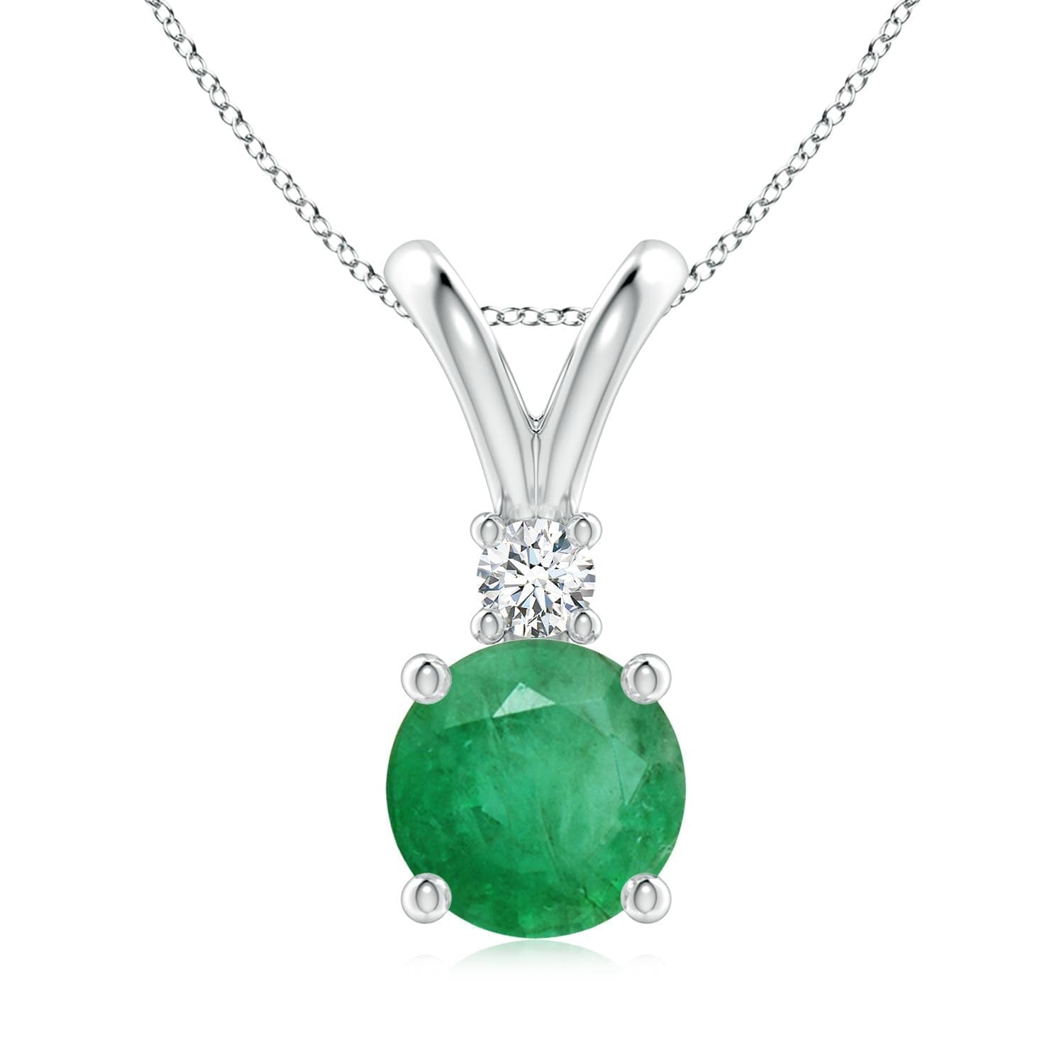 Natural Emerald Solitaire Pendant for Women | Round Emerald Solitaire V-Bale Pendant with Diamond in 14K Solid Gold/Silver/Platinum With 18" Chain | May Birthday, Gemstone Jewelry Gift