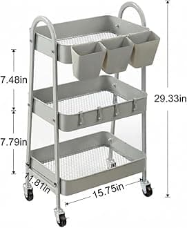 danpinera 3-Tier Rolling Cart, Metal Rolling Storage Cart with Lockable Wheels & Hanging Cups & Hooks, Mobile Trolley Cart for Kitchen, Bathroom, Office, Workshop, Gray