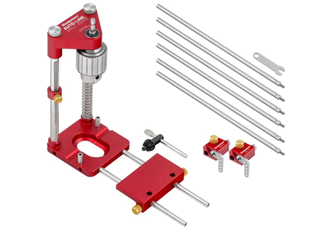Woodpeckers Auto Line Drill Guide Deluxe Kit, Portable Drill Guide For Perfect Perpendicular Drilling, with 6 Extension Rods, 2 Flip Stops And Wrench