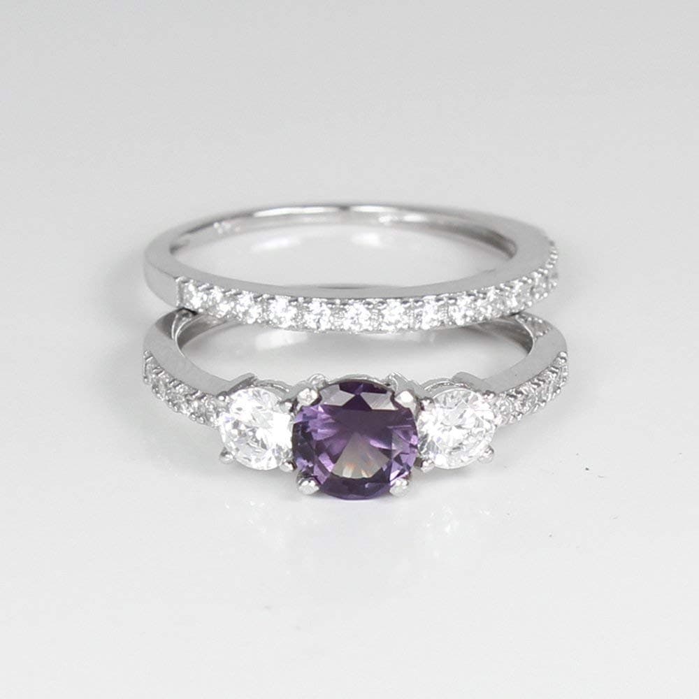 Color-Changing Alexandrite and Diamonds Engagement Ring Set Sterling Silver 925 / Round-Shaped
