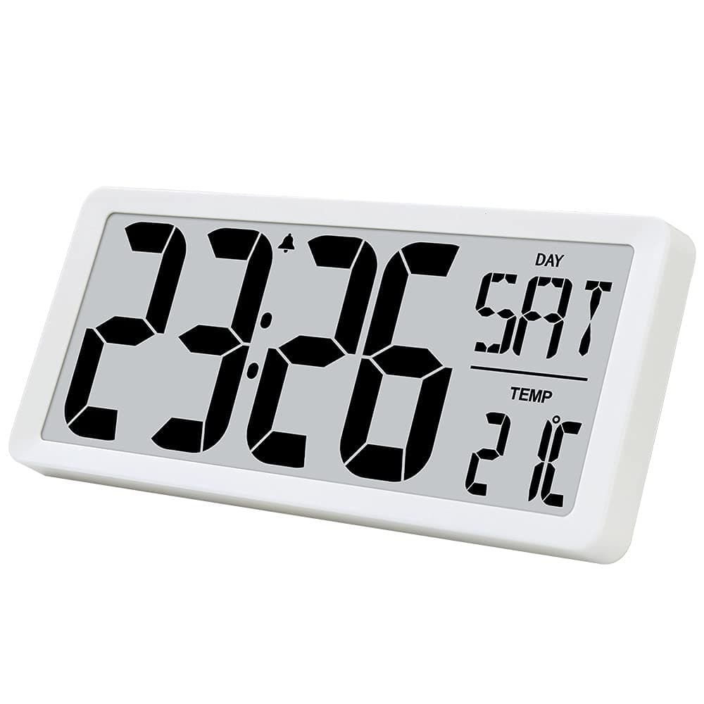 TXL 15.4" Jumbo Digital Alarm Clock Battery Operate Extra Large LCD Display 4.6" Bold Font Calendar, 12/24 Mode Temperature Energy Saving Office Kitchen School Warehouse Gym Wall/Desk Clock, White