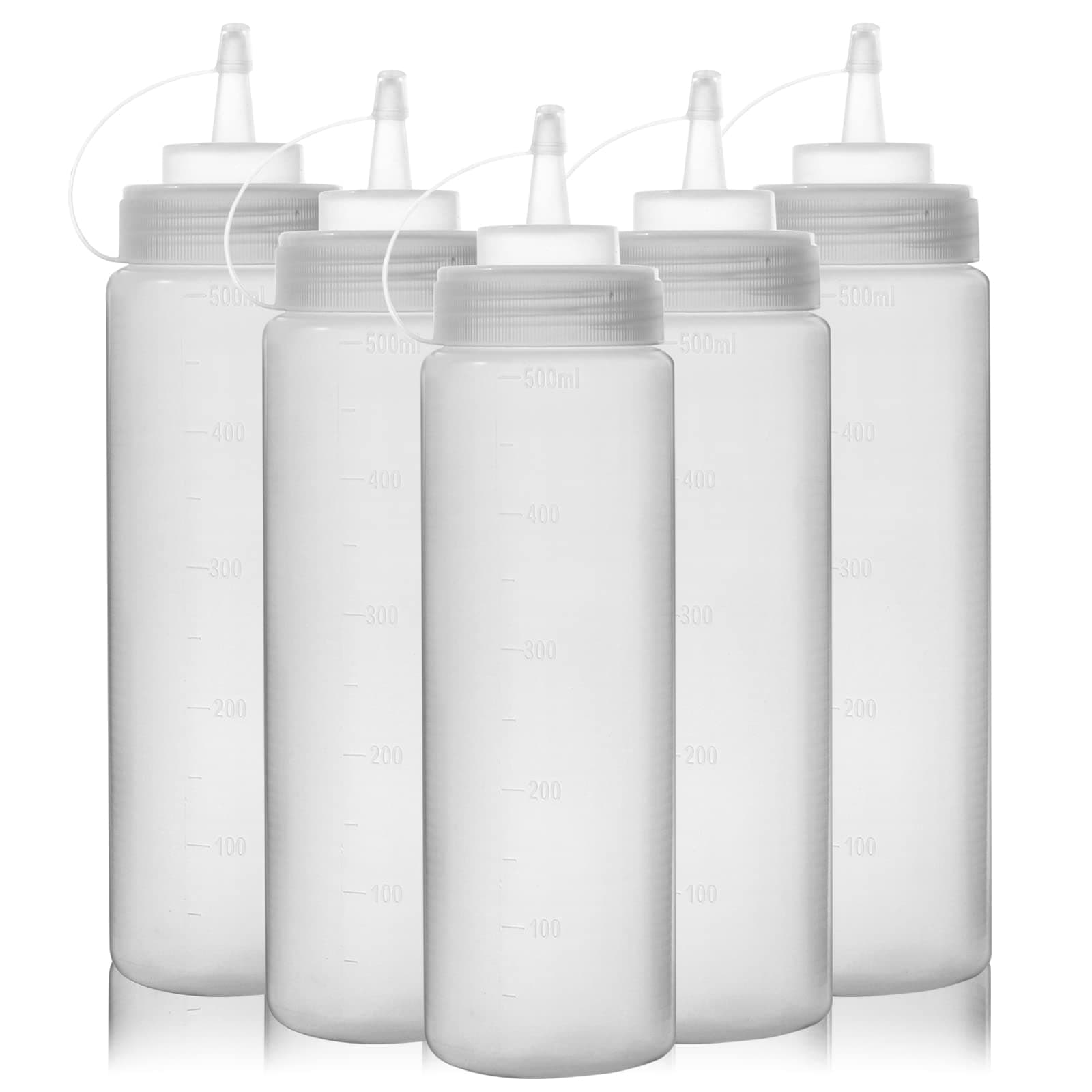 16oz Squeeze Bottles with Caps, 5 Pack Squeezy Sauce Bottles, Plastic Squeeze Dispensers with Measurements for Ketchup, BBQ, Sauces, Syrup, Dressings