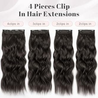 ALXNAN Clip in Long Wavy Synthetic Hair Extension 24 Inch Natural Black 4PCS Thick Hairpieces Fiber Double Weft Hair for Women