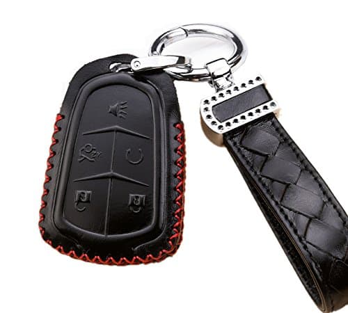WAFERN Leather Car Remote Key Fob Holder Case Cover Shell with Diamond Braided Key Chain & Rings for 5 Buttons New Cadillac ESV Escalade GTS CTS XTS SRX ATS XT5 CT6 Auto Accessories Gift in Black