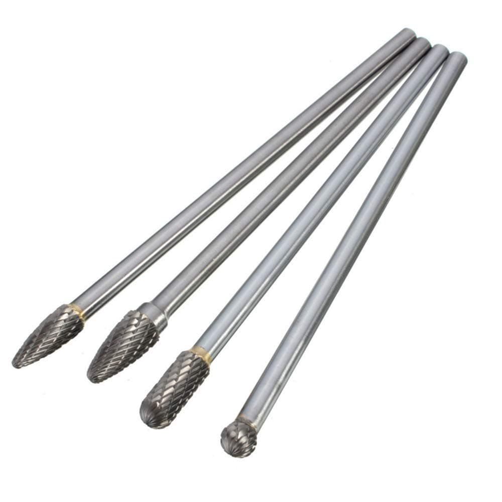 Chnee 4 Pcs Carbide Rotary Burr Set, 1/4-Inch Long Shank Tungsten Steel Head Burr Bit Set Fits Rotary Tool for Wood/Metal Drilling Carving Engraving