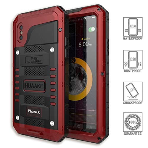iPhone X Waterproof Case iPhone Xs Metal Case IP68 Waterproof Snowproof Shockproof Dirtproof Full-Body Protective Case with Built-in Screen Protector Outdoor Diving Protection Cover(Red)