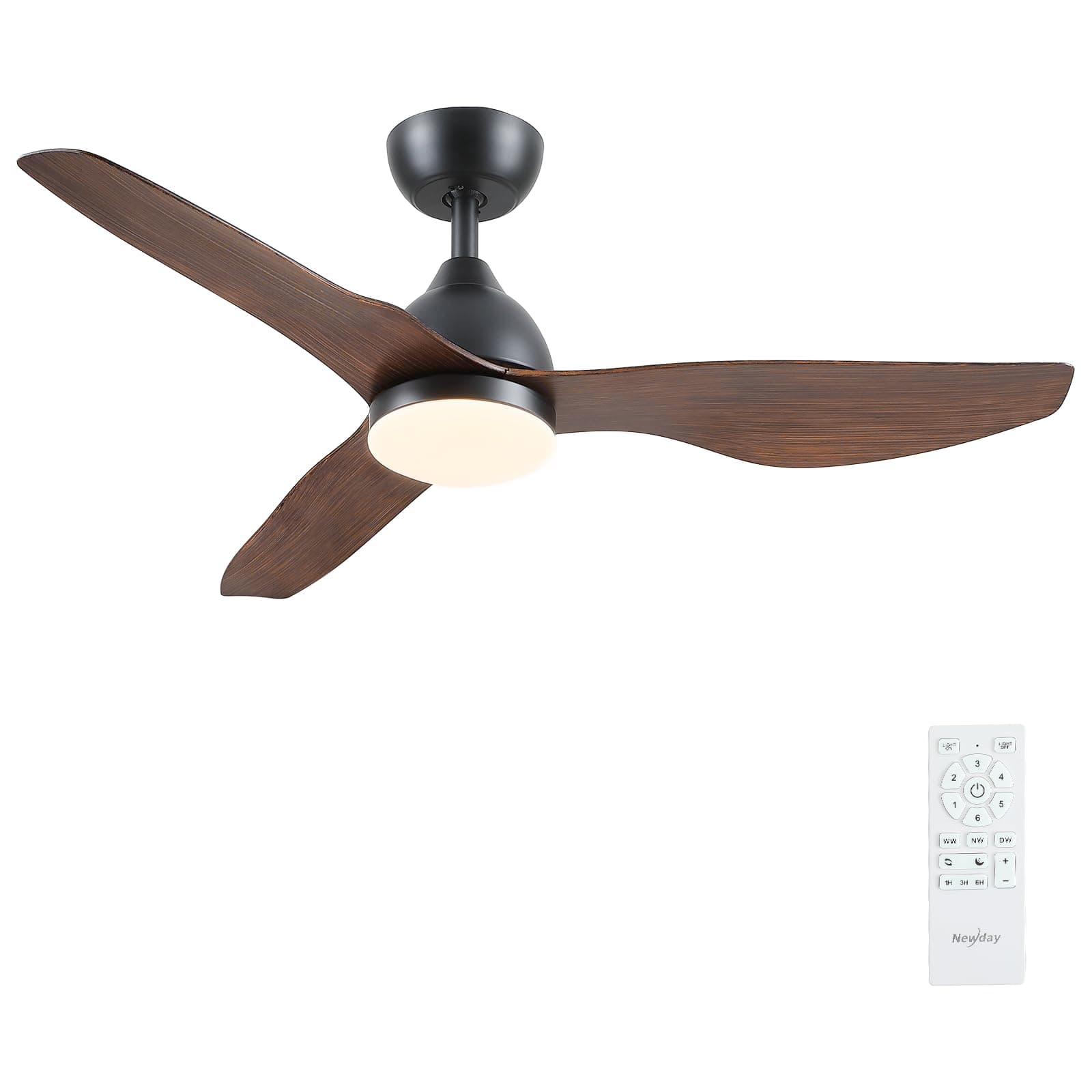 Newday 46” Black Wooden Ceiling Fan with Light and Remote, Stepless Dimmable LED, Quiet Reversible DC Motor, Sleep Mode, 3 Timer for Bedroom Living Room Basement Kitchen Terrace
