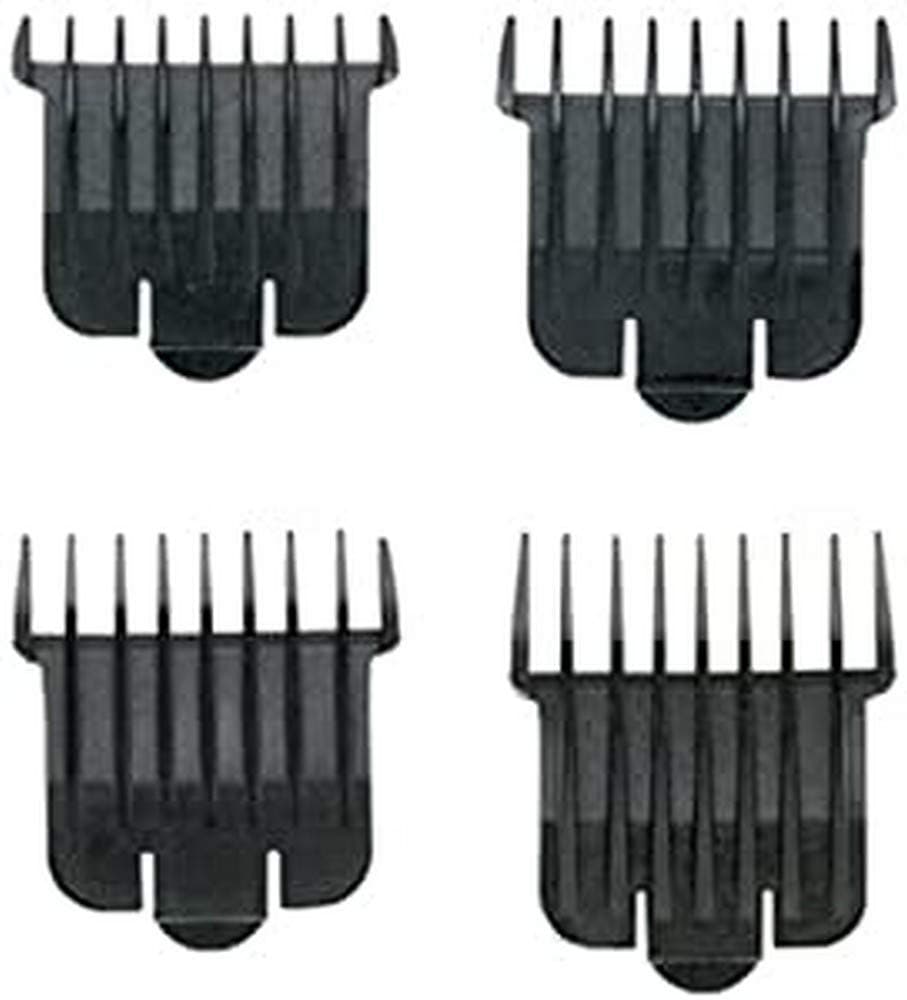 Snap-On T-Blade Attachment Combs – 4/Piece Comb Set - Suitable for Hair Clipper Trimmer, Professional Use, Easy Clean, Long-Lasting - Sizes, 1.5, 3, 6, 9 mm (1/16", 1/8", 1/4", 3/8") – Black