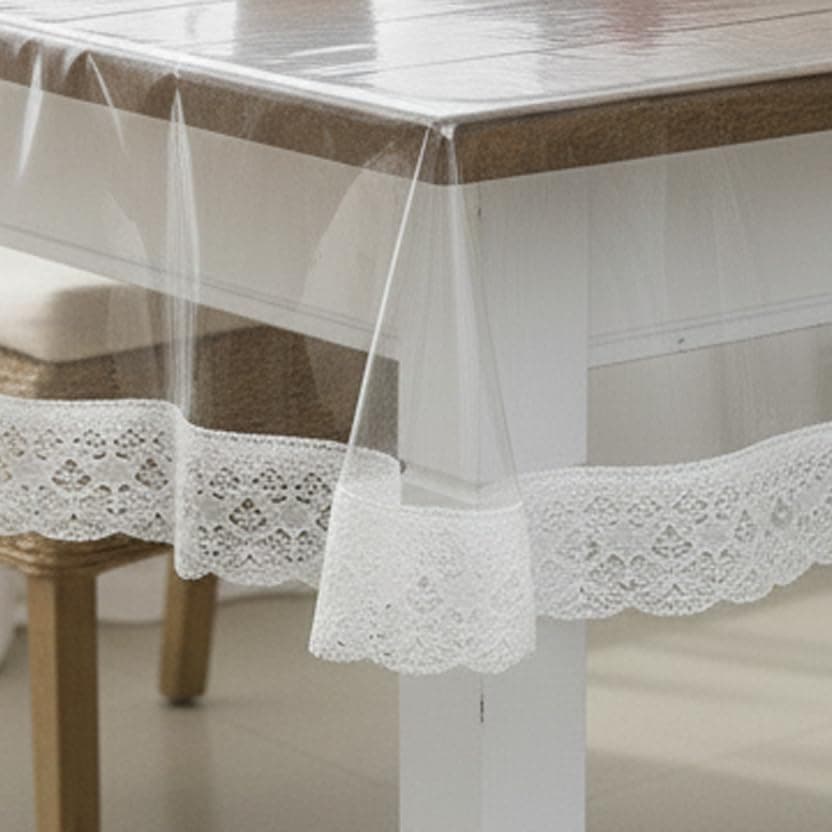 STITCHNEST PVC Transparent 4 Seater Dining Table Cover with White Lace, (40x60 Inches)