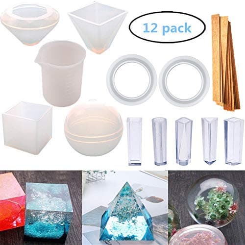 12 Pack Resin Casting Molds Large Clear DIY Silicone Molds for Epoxy Resin Including Spherical, Cubic, Diamond, Triangular Pyramid, with Measurement Cups& Wood Sticks Etc