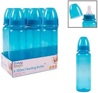 Pack of 6 Blue Baby Feeding Bottles 250ml with Silicone Teat 9oz Measuring Gauge BPA Free