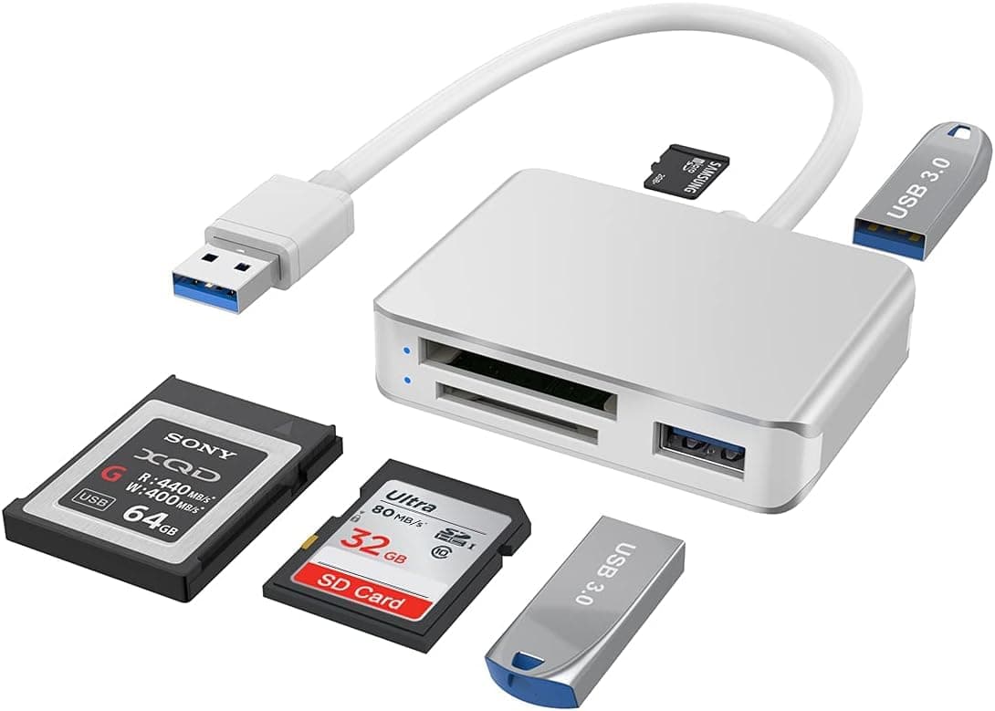 XQD/SD/Micro SD Card Reader, Memory Multi-Card Reader/Writer/Adapter with 2 USB3.0 Port, Support Sony G/M Series Lexar 2933x/1400x USB Mark XQD Card, SD/SDHC/TF Card for Windows/Linux/Mac OS/Vista