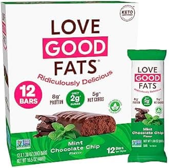 Love Good Fats Keto Bars, Truffle Mint Chocolate Chip - Plant-Based Protein Snack, Low Carb, Low Sugar, Gluten Free, Non GMO, 12 Pack