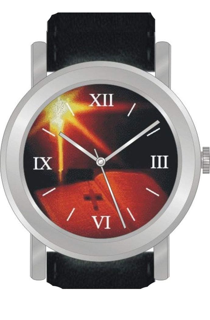 Bible and Cross is The Inspirational Image on The Dial of The Unisex Size Brushed Chrome Round Case with Black Leather Strap