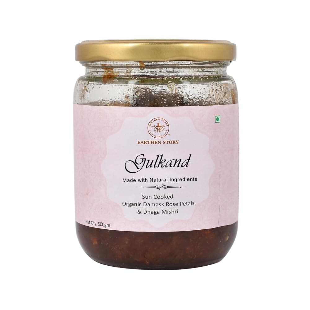 Earthen Story Sun Cooked Gulkand without sugar 500gm | Lab Tested for 290+ Pesticides | Pure Indian Pink Damask Rose & Dhaga Mishri | 100% Natural Rose Petal Jam | Ayurvedic coolant, Good for gut health