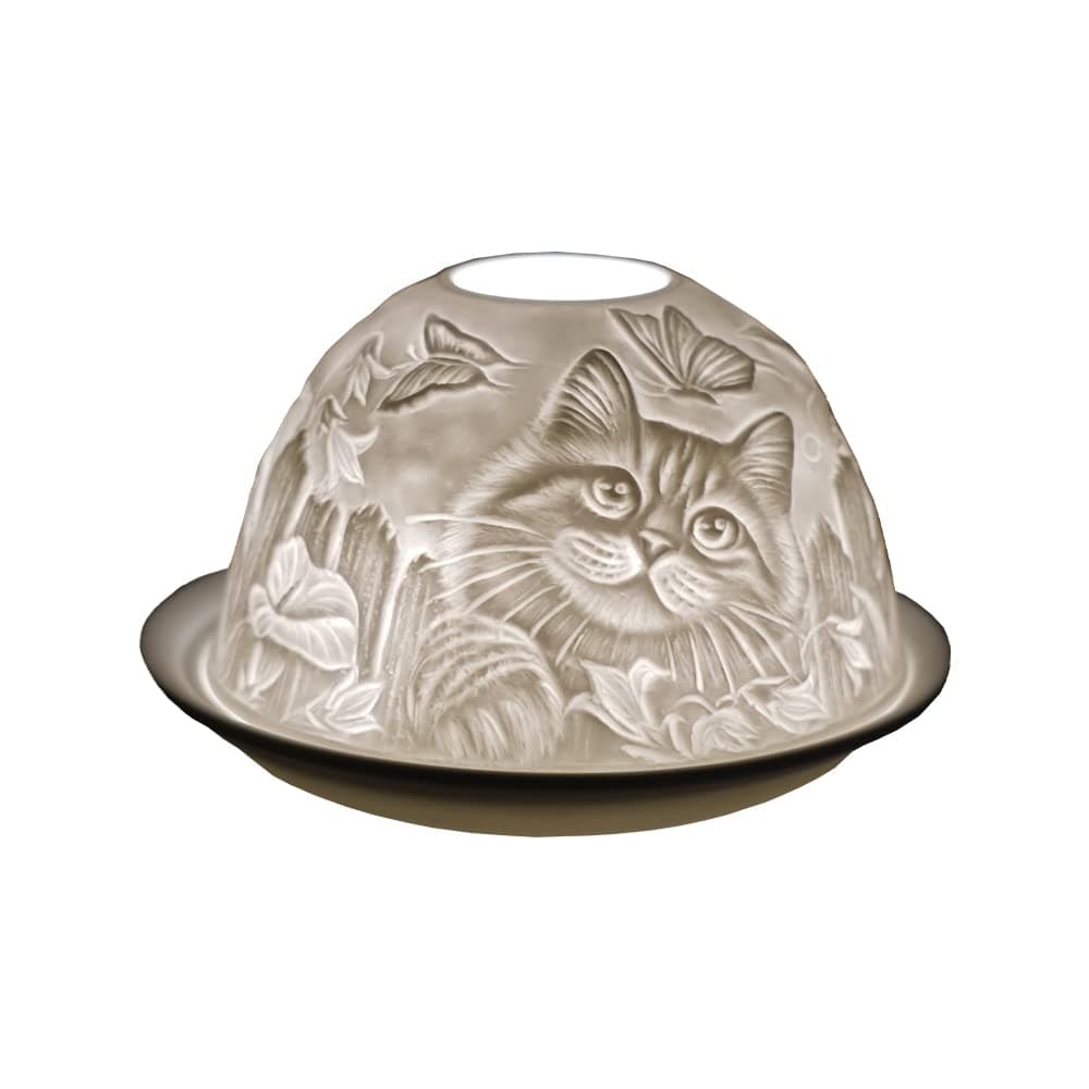 Cello Porcelain Tealight Holder Dome - Cat Design Design with 3D Projection Image & Message Scented Unscented LED Candle Wax Warmer Animal Lovers Nature Gifts Ornament Home for Women Mom Easter