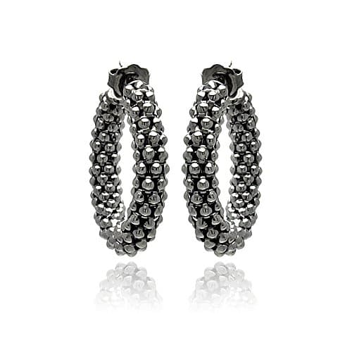 Sterling Silver Black Rhodium Plated High Polish 30mm Medium Beaded Design Italian Semi-Hoop Earrings