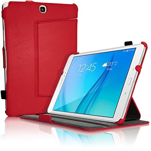 iGadgitz Premium Executive Red PU Leather Case Cover for Samsung Galaxy Tab A 9.7" SM-T550 with Multi-Angle Viewing stand + Auto Sleep Wake + Hand Strap + Screen Protector