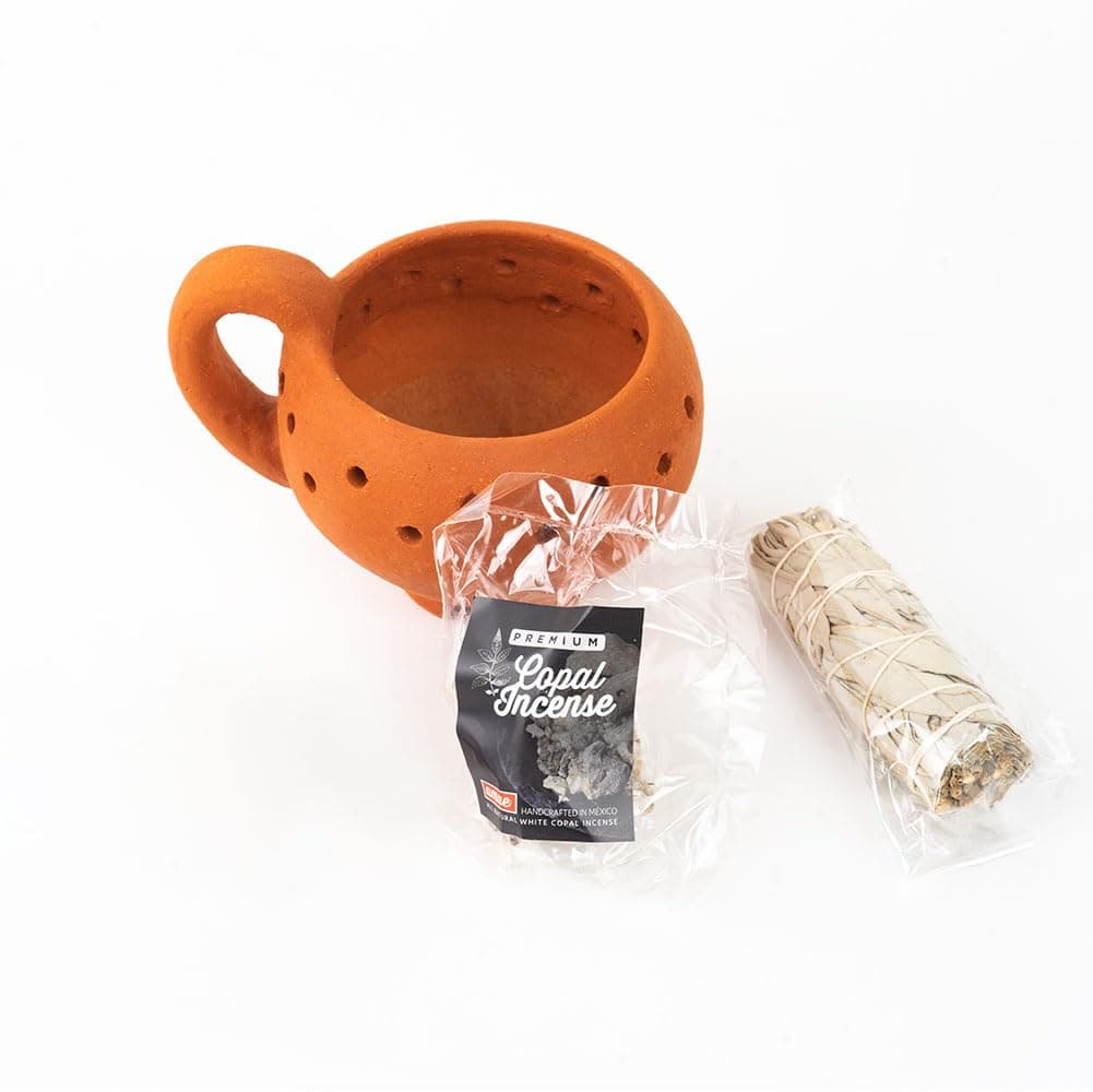 Mayan Copal Cup Incense Burner Copalera or Sahumerio Cup, Burning Charcoal with Rocks or Herbs. This kit Contains: A Copalera, Pure Copal 1.41 oz/ 40 grs. & a White Sage Bundle.