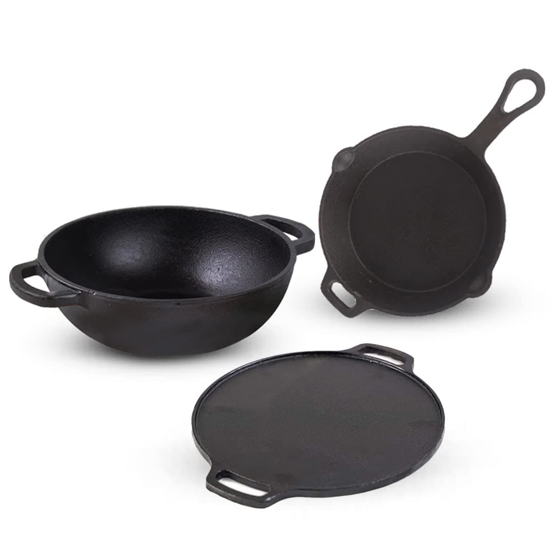 The Indus Valley Cast Iron Kadai for Cooking & Deep Frying with Flat Handle| Gas & Induction Friendly|Pre-Seasoned 100% Toxin-Free (Pre-Seasoned, Kadai(10 inch)+Skillet(9inch)+Tawa(12inch))