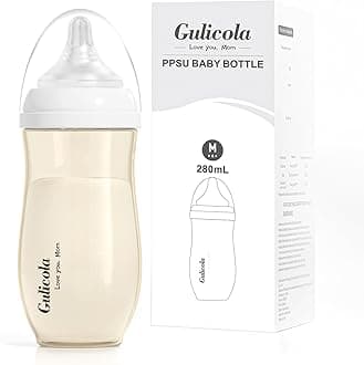 Gulicola 5 Months+ Breastfeeding Baby Bottle with Medium Flow Nipples, Anti Colic, BPA Free PPSU, 9 oz - Clear
