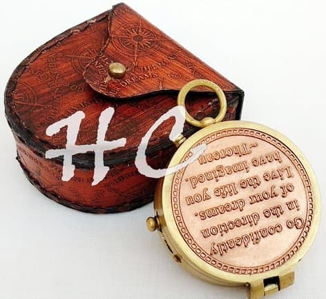 A S Handicrafts Brass Engraved Compass with Thoreau's Go Confidently Quote and Stamped Leather Case, Boy Scouts Gifts Compass with Leather case