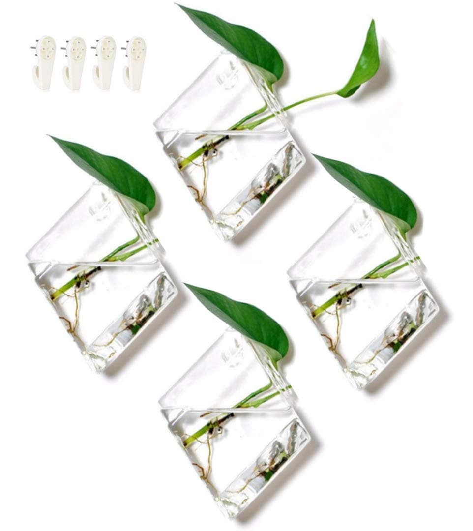 GEOLUX Clear Diamond Shape Hanging Wall Planter Terrariums (7 x 5 inches), Pack of 4 with Hooks Included for Easy Mounting, Great for DIY, Gifts, Crafts, Home Décor, & More!