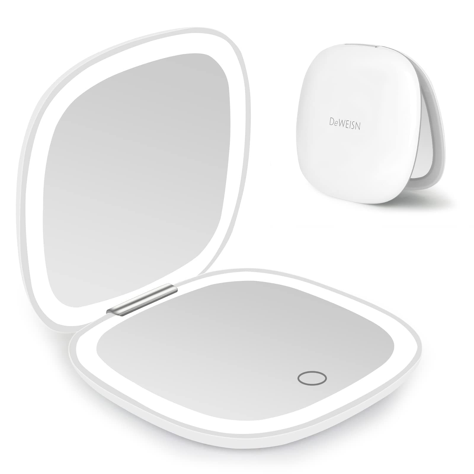 - deweisn Compact Mirror, Lighted Travel Makeup Mirror with 1X/10X Magnifying Double Sided Dimmable Portable Pocket for Handbag and Pocket, USB Charging(White)