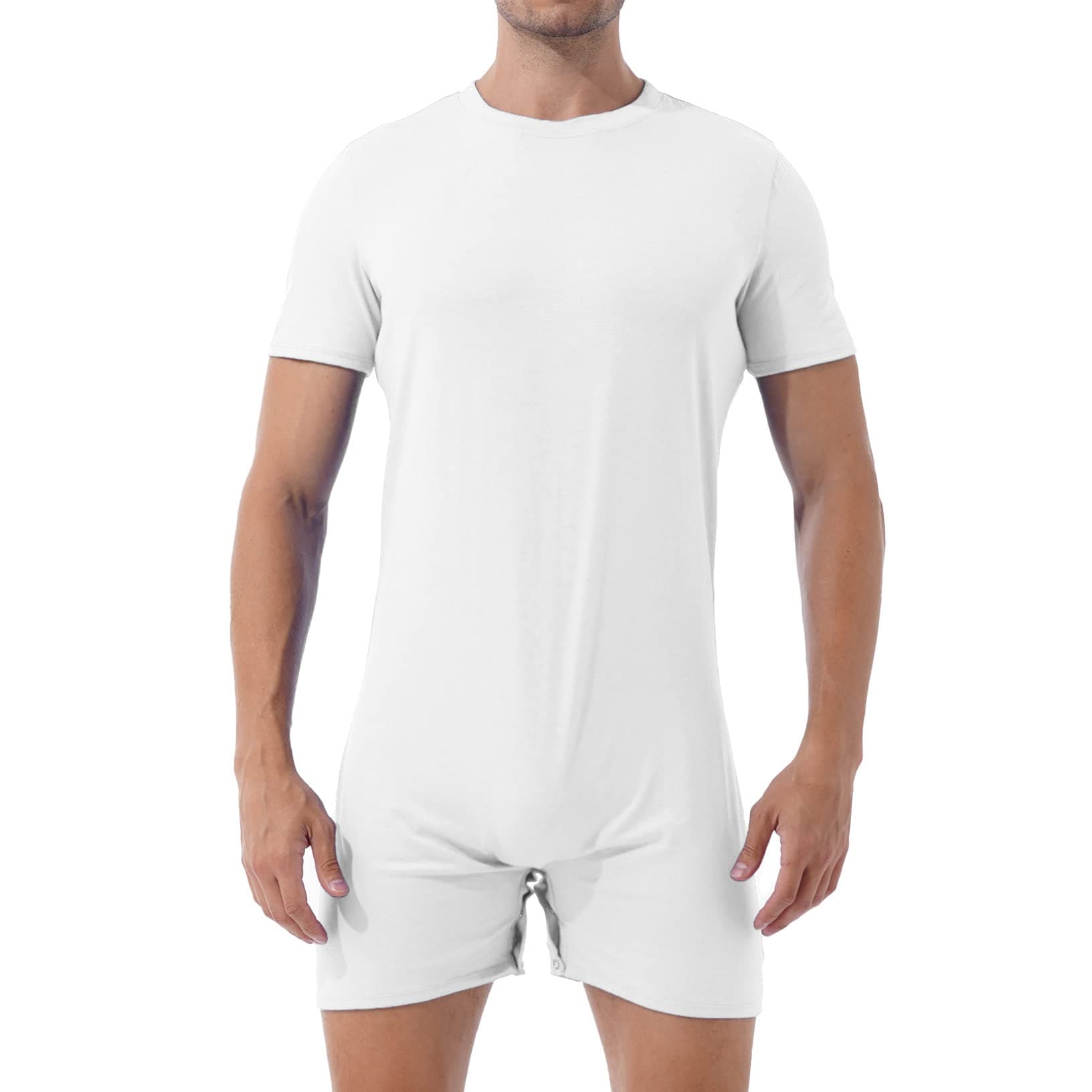 Mens One Piece Short Sleeve Press Button Crotch Boxer Rompers Workout Sports Exercise Bodysuit