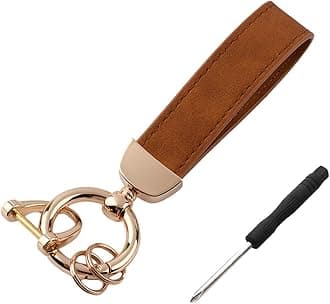 Kewucn Genuine Leather Car Keychain, Universal Heavy Duty Metal Auto Key Fob Holder with Anti Lost D-Ring for Men Women （Golden-Brown）