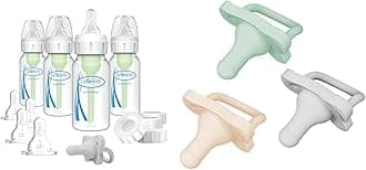 Anti-Colic Breast to Bottle Feeding Set with Slow Flow Nipples, Travel Caps & HappyPaci 100% Silicone Pacifier 0-6m, BPA Free, Cool Gray, Green, Ecru,3 Count