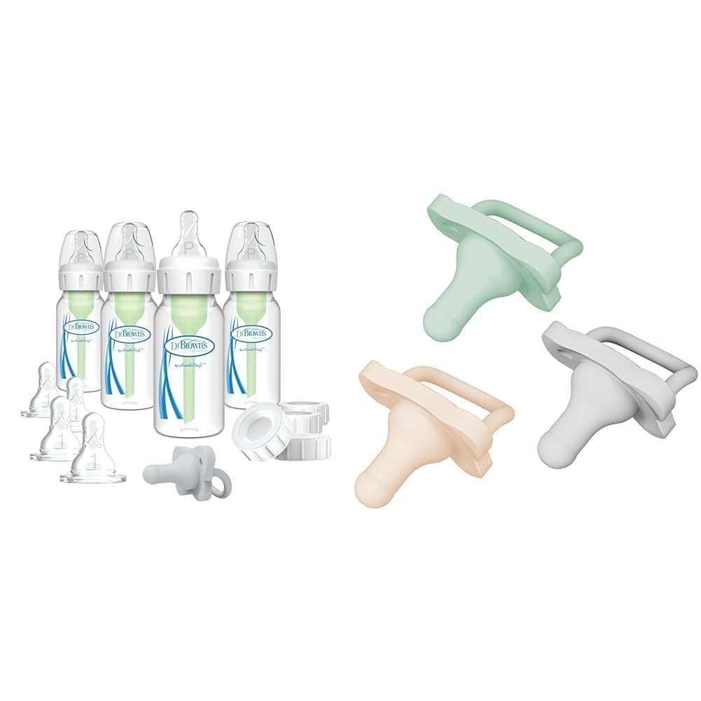 Anti-Colic Breast to Bottle Feeding Set with Slow Flow Nipples, Travel Caps & HappyPaci 100% Silicone Pacifier 0-6m, BPA Free, Cool Gray, Green, Ecru,3 Count
