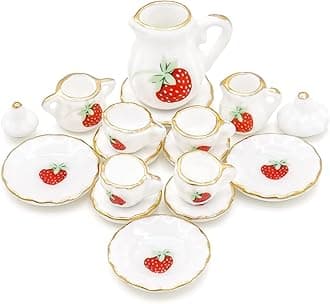 1/12 Miniature Porcelain Tea Set 15Pcs Dollhouse Decoration Accessories, Strawberry