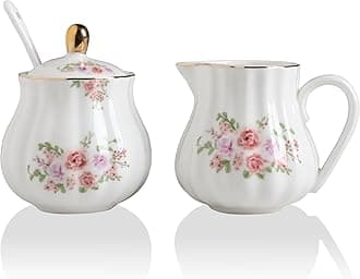Sweejar Royal Ceramic Sugar and Creamer Set, 3 Piece Set with Cream Pitcher, Sugar Bowl, Sugar Set with Lid & Spoon, Coffee Serving Set Wedding Gift (Sugar and Creamer Set, Rose Flower)